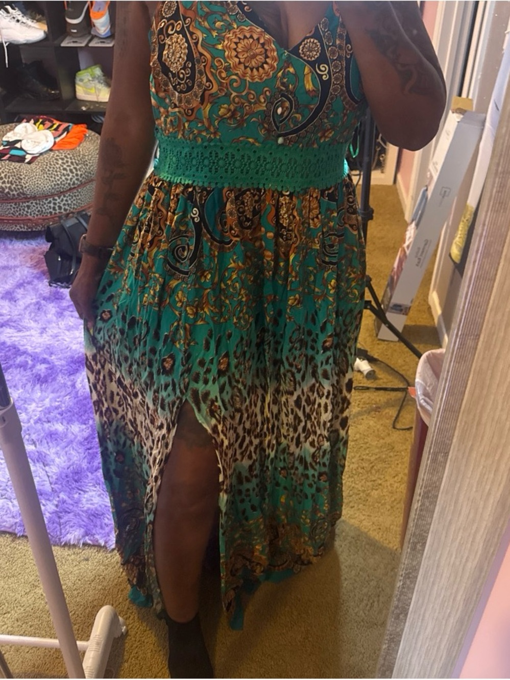 Fashion Nova Green Paisley & Leopard High-Low Maxi Dress